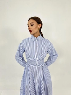 A wholesale clothing model wears fme14112-striped-dress-white-&-blue, Turkish wholesale Dress of Fame
