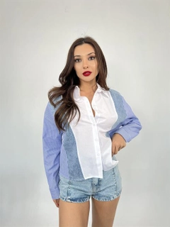 A wholesale clothing model wears fme14065-shirt-blue-and-white-striped, Turkish wholesale Shirt of Fame