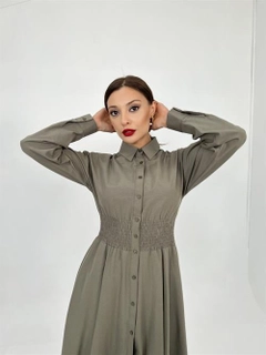 A wholesale clothing model wears fme13088-dress-khaki, Turkish wholesale Dress of Fame