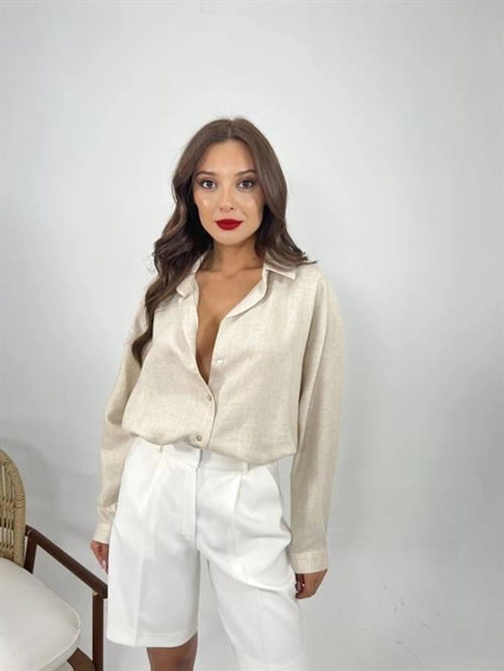A wholesale clothing model wears fme13127-shirt-beige, Turkish wholesale Shirt of Fame