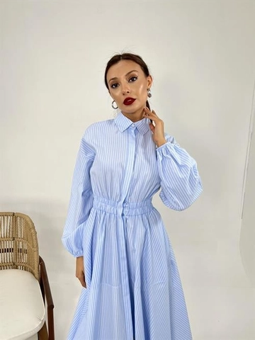A wholesale clothing model wears  Striped Shirt Dress - Blue
, Turkish wholesale Dress of Fame