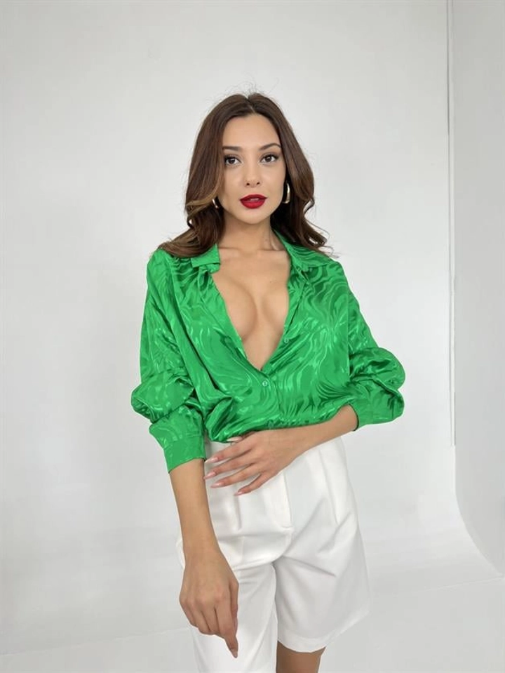A wholesale clothing model wears FME10664 - Shirt - Green, Turkish wholesale Shirt of Fame