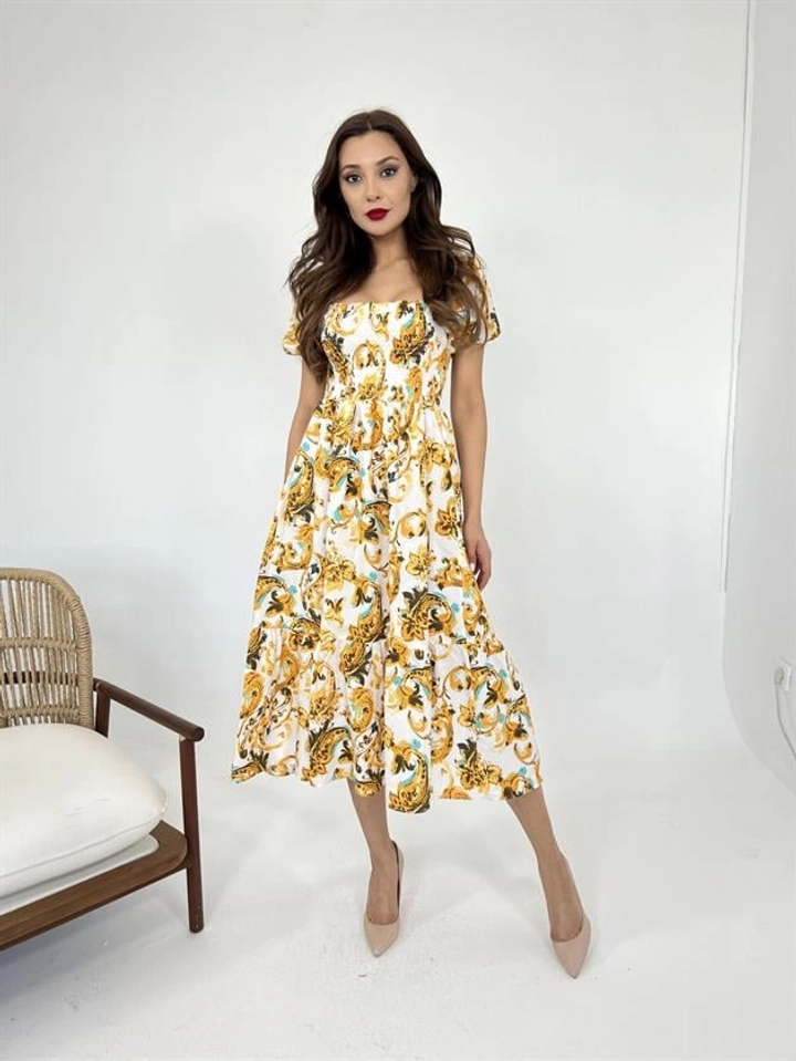 A wholesale clothing model wears FME10929 - Dress - Yellow White, Turkish wholesale Dress of Fame