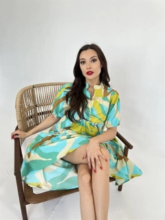 A wholesale clothing model wears fme14093-dress-turquoise-&-green, Turkish wholesale Dress of Fame