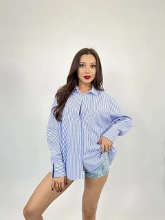 A wholesale clothing model wears fme14109-striped-shirt-blue-&-white, Turkish wholesale Shirt of Fame