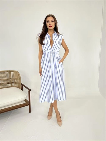 A wholesale clothing model wears  Striped Dress - Blue & White
, Turkish wholesale Dress of Fame