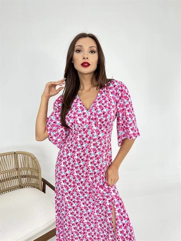 Veľkoobchodný model oblečenia nosí  Rozparkované Šaty S Kvetinovým Vzorom – Ružové
, turecký veľkoobchodný Šaty od Fame