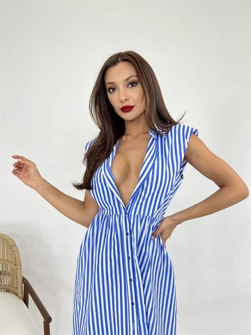 A wholesale clothing model wears  Striped Shirt Dress - Blue & White
, Turkish wholesale Dress of Fame