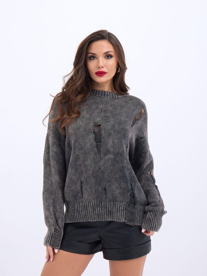 Fame Gestrickter Lockerer Pullover Mit Rissen – Schwarz Großhandelskleidung Lässig