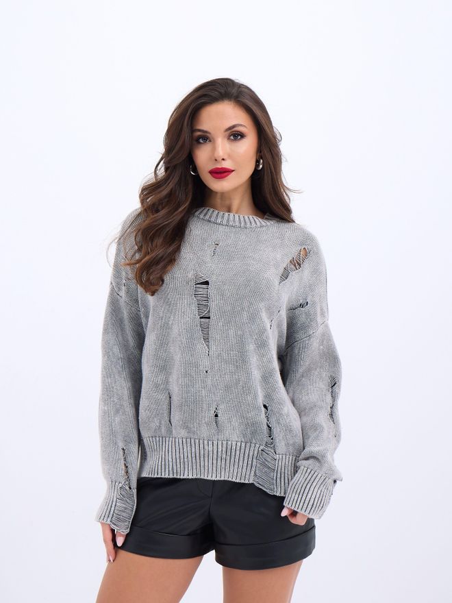 Fame Gestrickter Lockerer Pullover Mit Rissen – Grau Großhandelskleidung Lässig