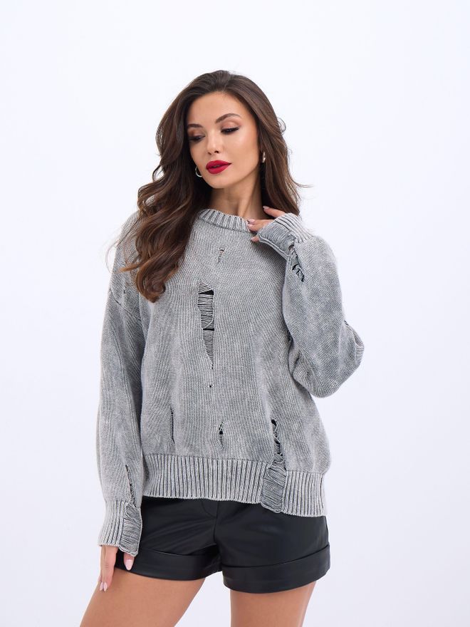 Fame Triko Yırtıklı Salaş Kazak Gri Toptan Giyim Pamuk