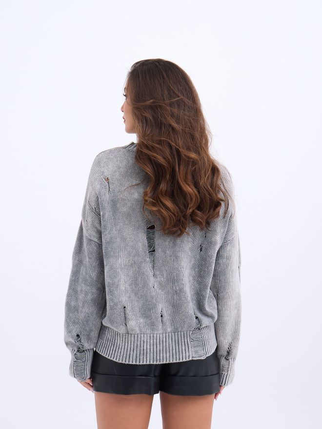 Fame Triko Yırtıklı Salaş Kazak Gri Toptan Giyim 4