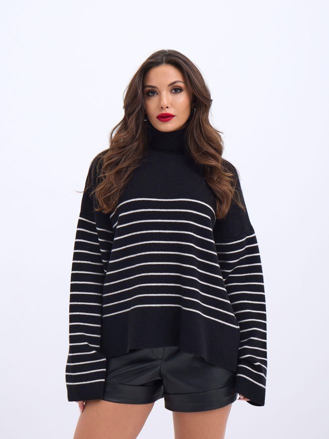 Fame Knitted Turtleneck Striped Casual Black & Ecru Wholesale Clothing Casual