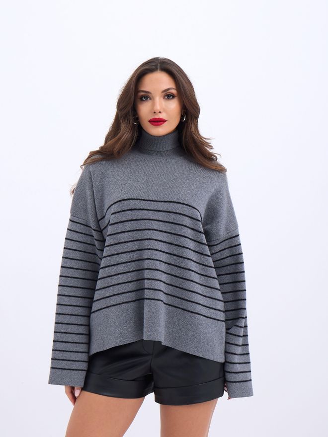 Fame Knitted Turtleneck Striped Casual Grey & Black Wholesale Clothing Casual