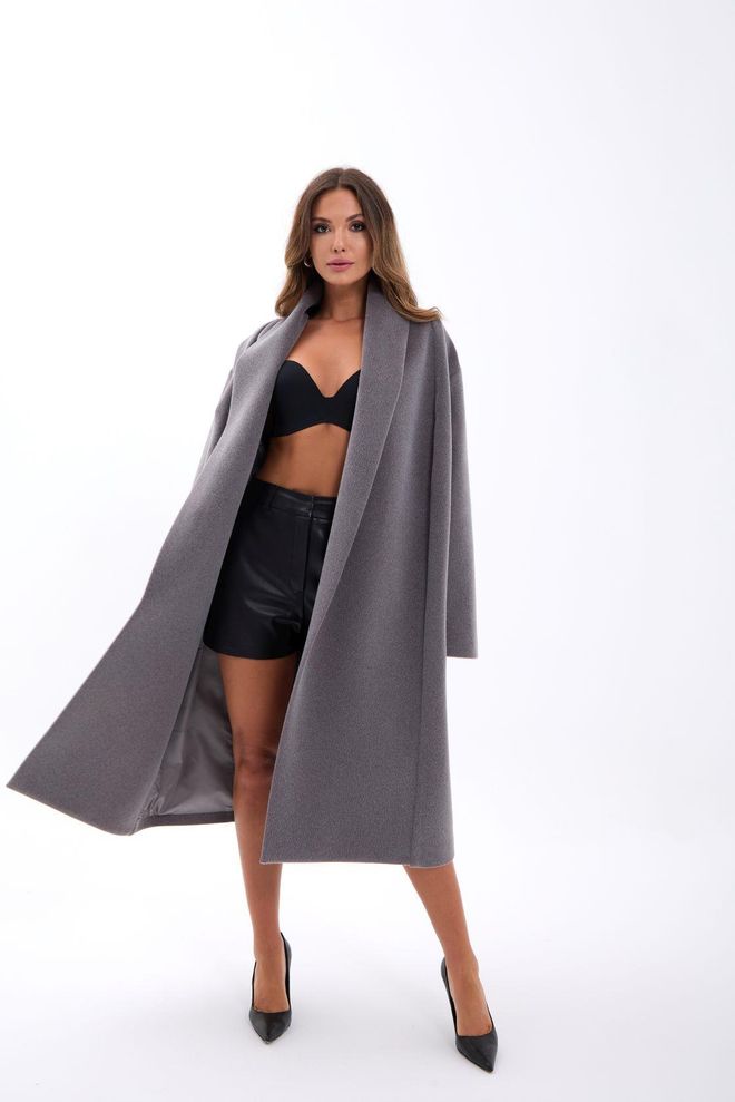 Fame Grey Elegant Wrapover Coat With Notched Collar Wholesale Clothing Casual