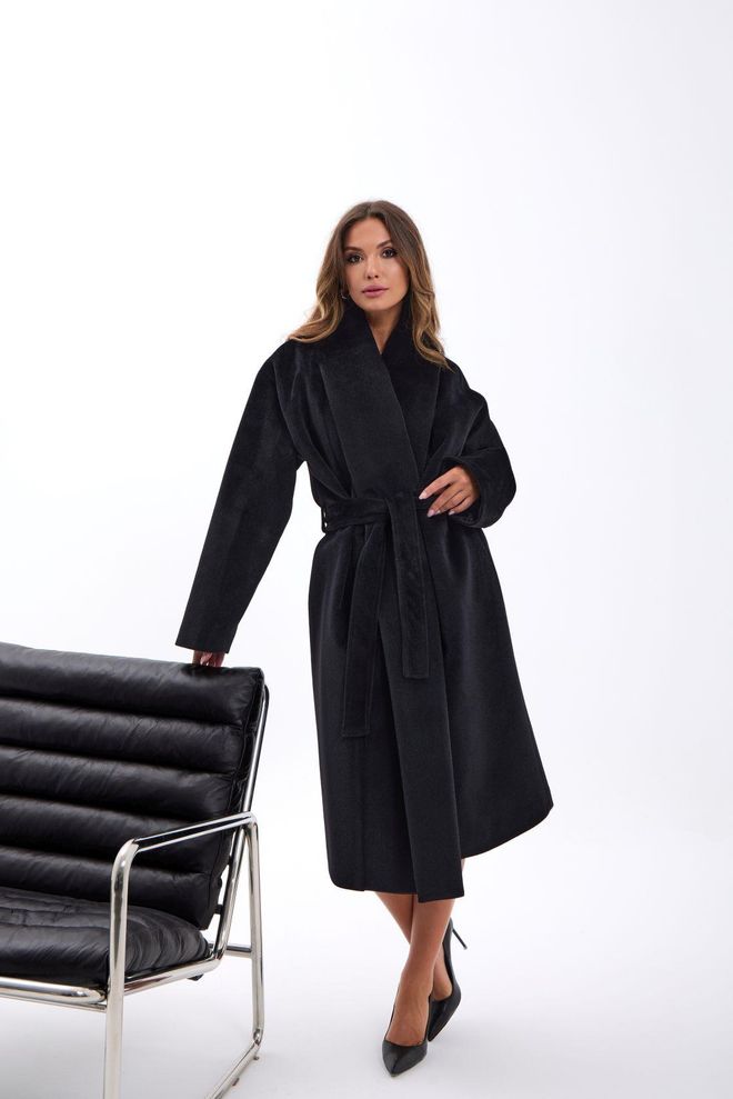 Fame Black Wrapover Coat With Tie Closure Elegant Oversized Fit Wholesale Clothing Modest
