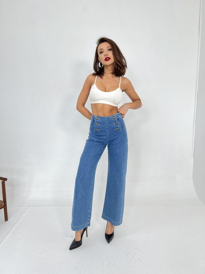 Fame Button Detailed Palazzo Trousers Blue Wholesale Clothing Casual