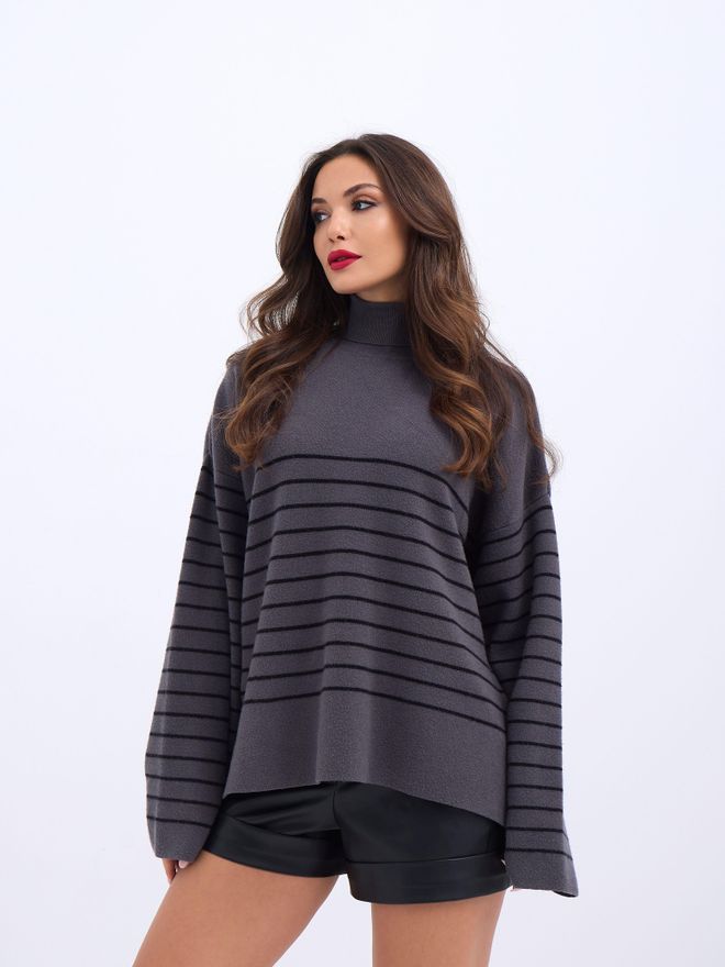 Fame Knitted Turtleneck Striped Casual Anthracite & Black Wholesale Clothing Casual
