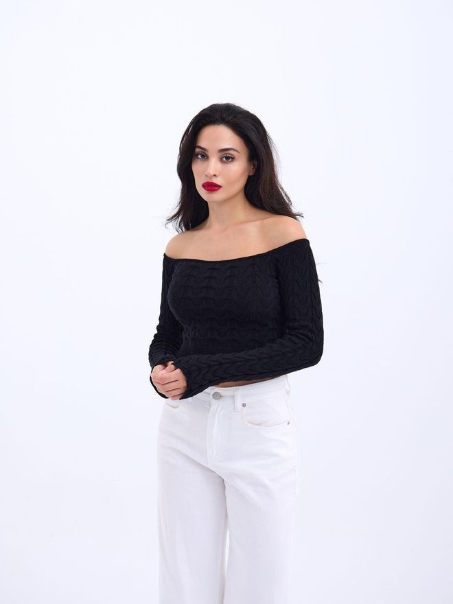 Fame Crop Top En Tricot À Col Bateau Noir Vêtements en gros Décontracté