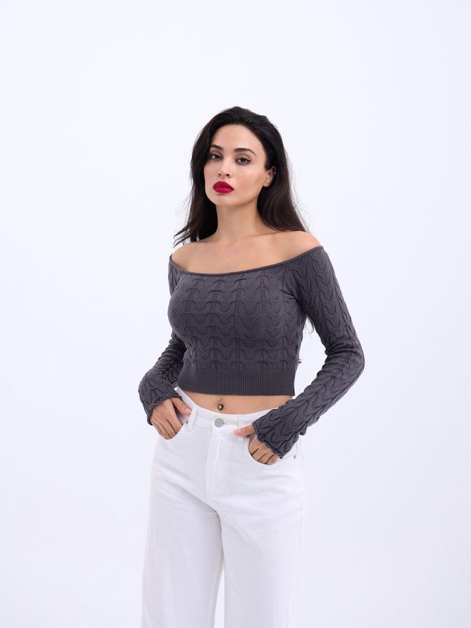 Fame Crop Top En Tricot À Col Bateau Anthracite Vêtements en gros Décontracté
