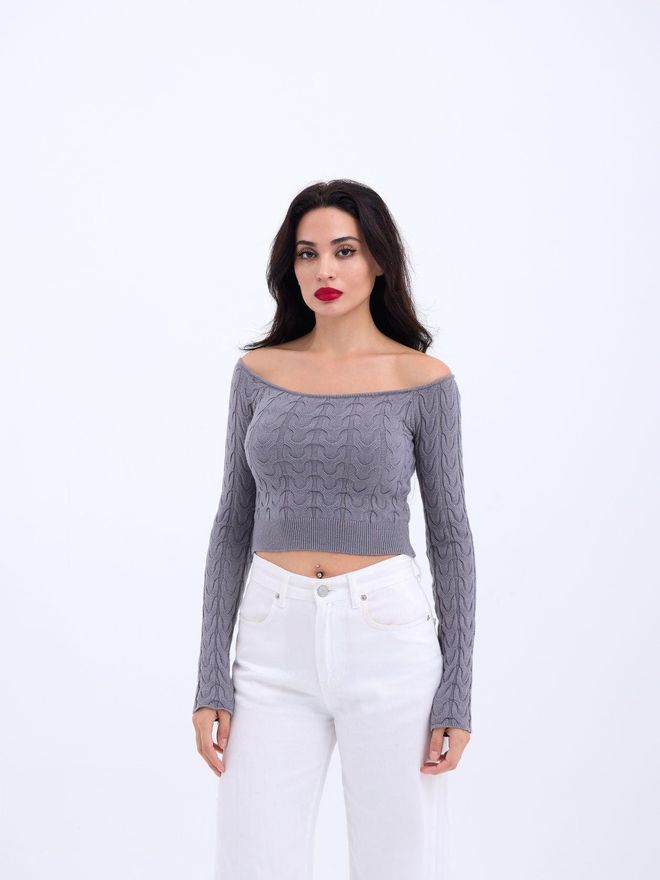 Fame Crop Top En Tricot À Col Bateau Gris Vêtements en gros Décontracté