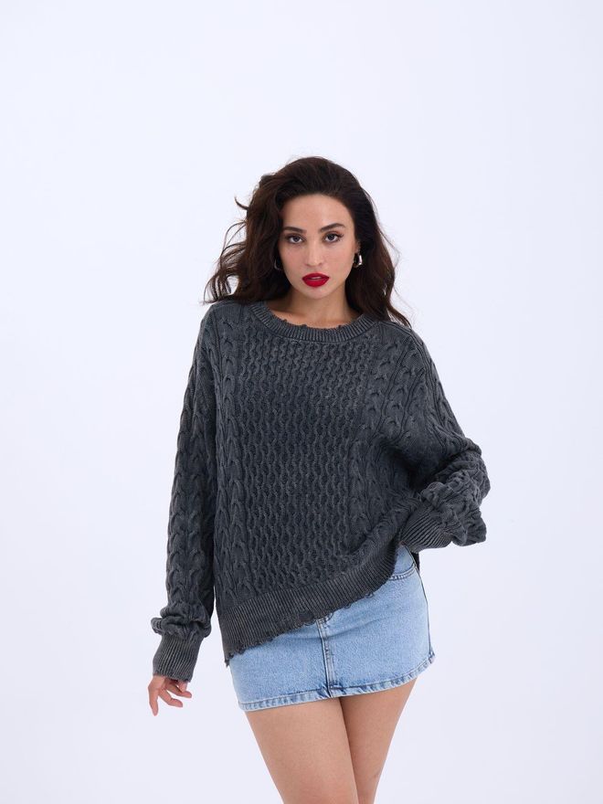 Fame Strickwaren Lässiger Haarstrickpullover Schwarz Großhandelskleidung Lässig