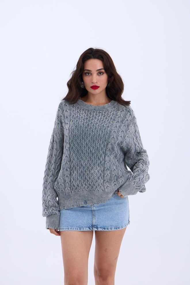 Fame Strickwaren Lässiger Haarstrickpullover Grau Großhandelskleidung Lässig