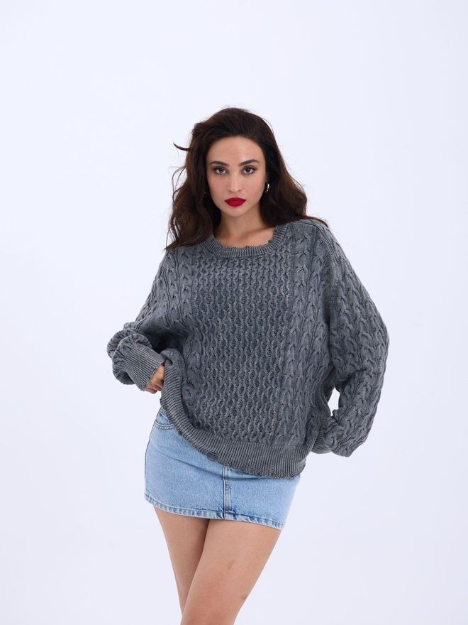 Fame Strickwaren Lässiger Haarstrickpullover Anthrazit Großhandelskleidung Lässig