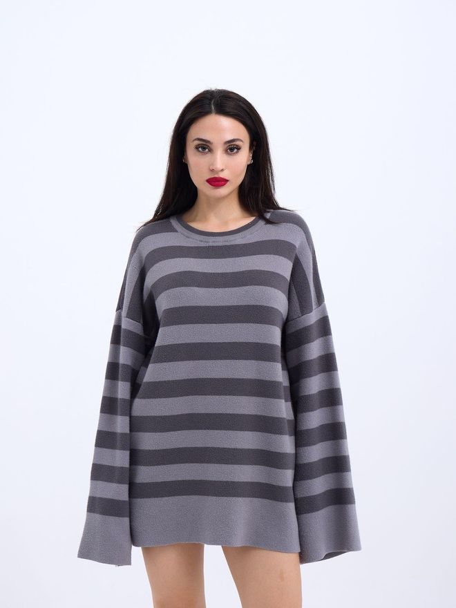 Fame Knitted Striped Casual Sweater Grey Anthracite Wholesale Clothing Casual