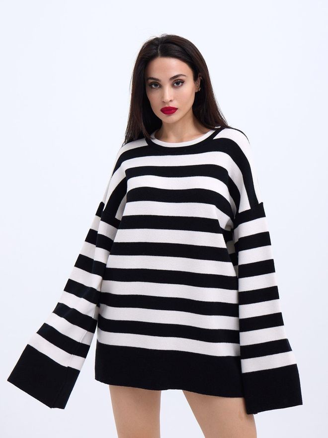 Fame Knitted Striped Casual Sweater Black Ecru Wholesale Clothing Casual