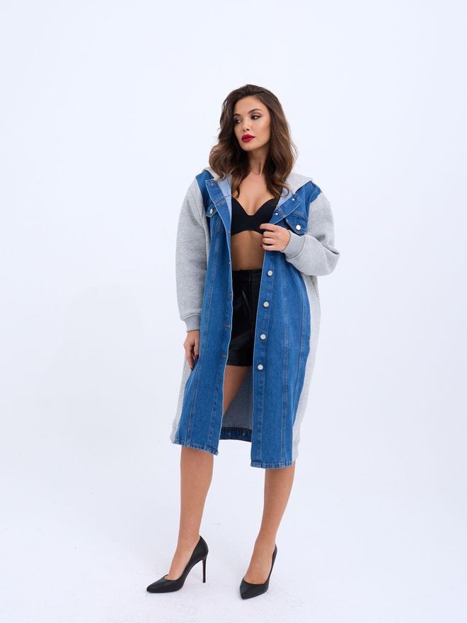 Fame Long Denim Jacket Grey Wholesale Clothing Casual