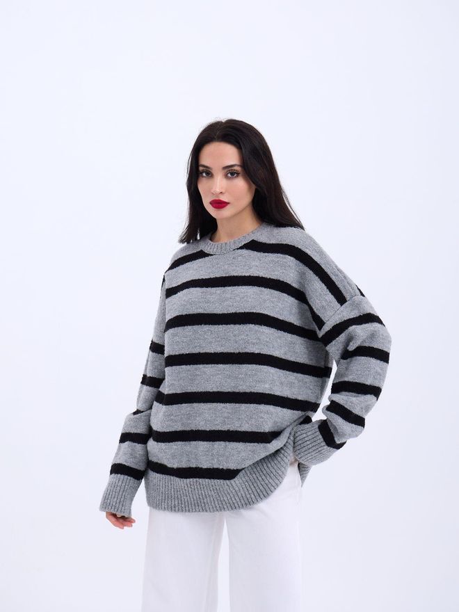 Fame Трикотаж Повседневный Свитер В Полоску Серый Черный Оптовая продажа одежды Повседневный