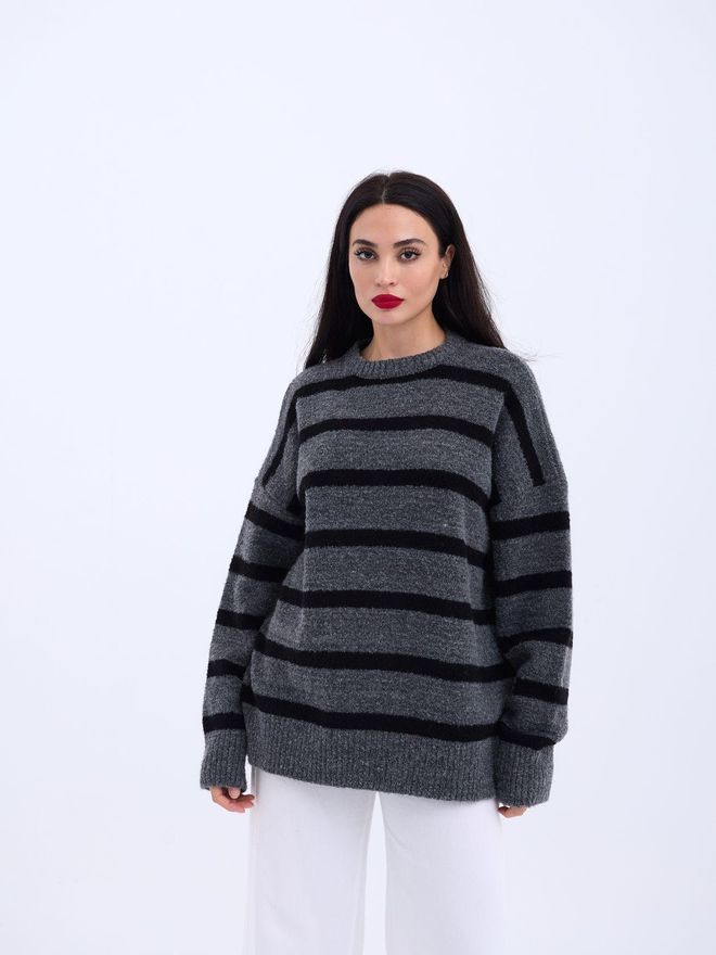 Fame Трикотаж Повседневный Свитер В Полоску Антрацит Черный Оптовая продажа одежды Повседневный