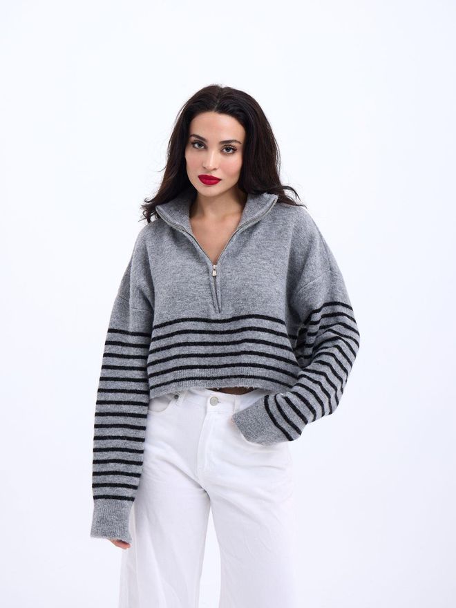 Fame Tricot Rayé À Fermeture Éclair Gris Et Noir Vêtements en gros Décontracté