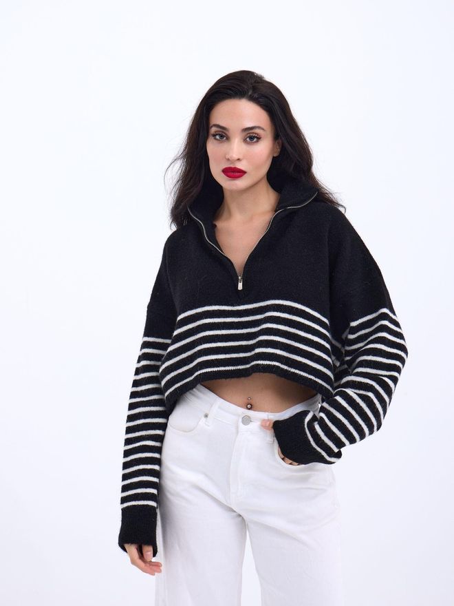 Fame Crop Top Tricoté À Rayures Et Fermeture Éclair Noir Et Écru Vêtements en gros Décontracté
