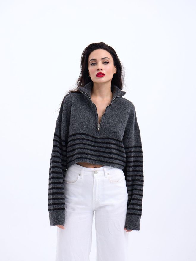 Fame Crop Top Zippé À Rayures En Tricot Anthracite Et Noir Vêtements en gros Décontracté