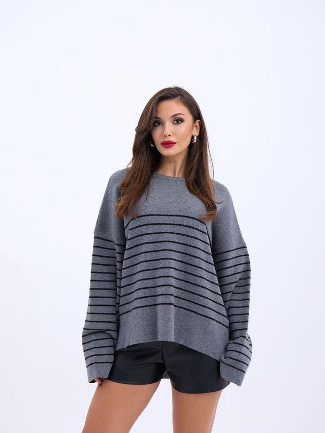 Fame Maglione Casual A Righe Girocollo In Maglieria Grigio E Nero Abbigliamento all'ingrosso Casuale
