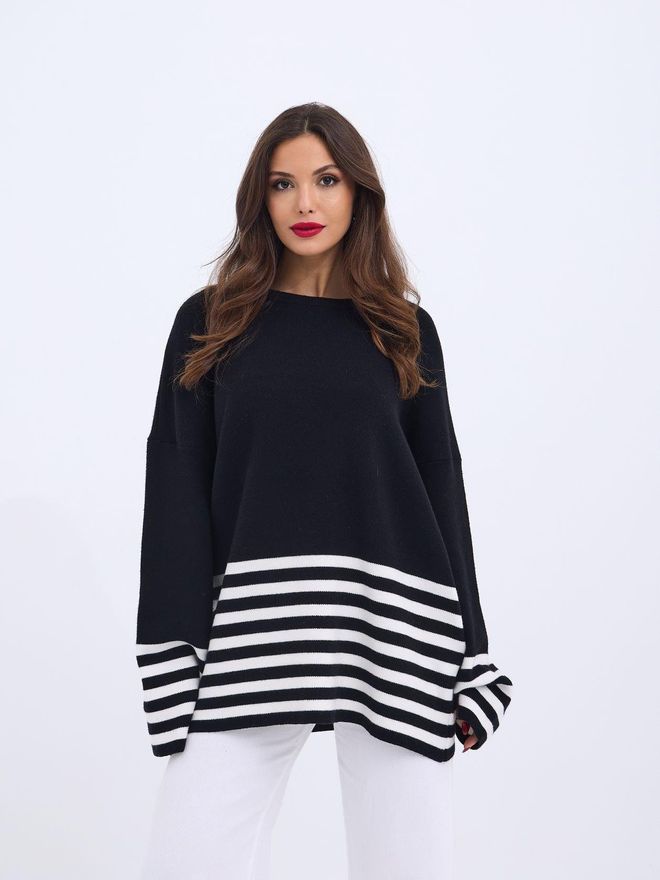 Fame Knitted Striped Sweater Black Ecru Wholesale Clothing Casual