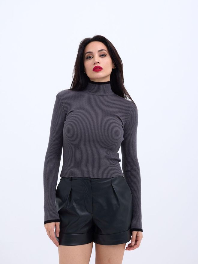 Fame Knitted Fisherman's Ribbed Sweater Anthracite Black Wholesale Clothing Casual