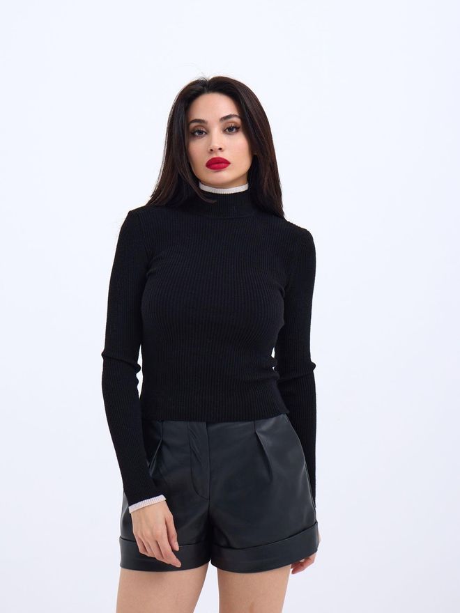 Fame Knitted Fisherman's Ribbed Sweater Black Ecru Wholesale Clothing Casual