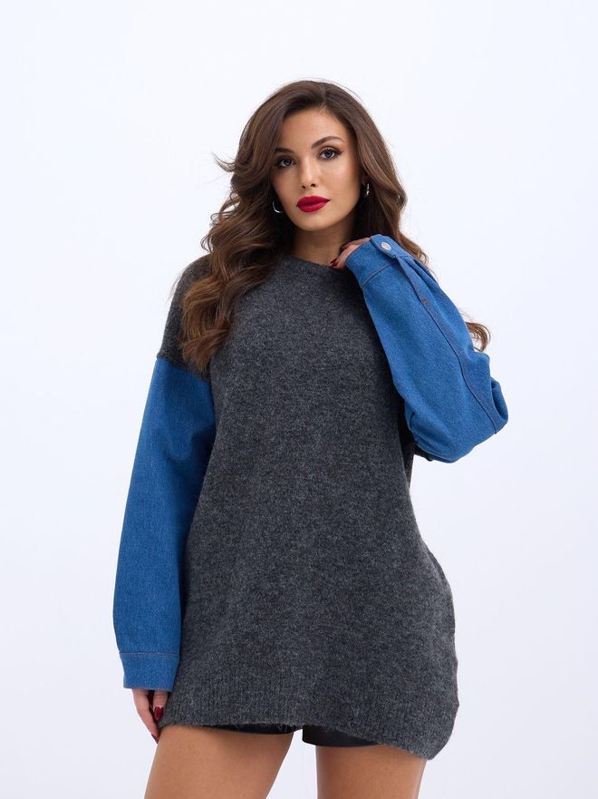 Fame Denim Detailed Sleeve Knitwear Gray Wholesale Clothing Casual
