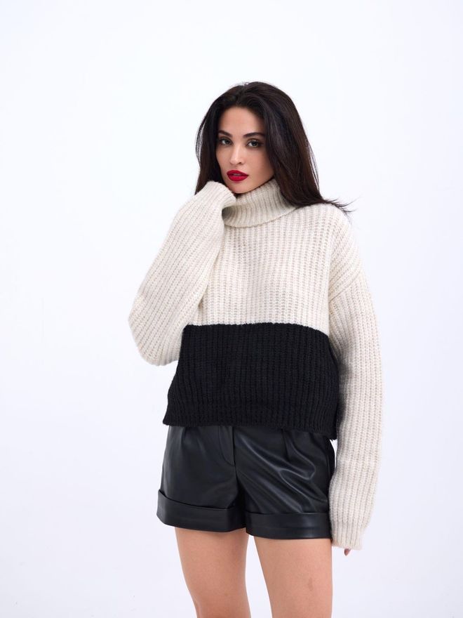 Fame Sweter rybacki w paski z dzianiny kremowo czarny Hurtowa sprzedaż odzieży Akryl