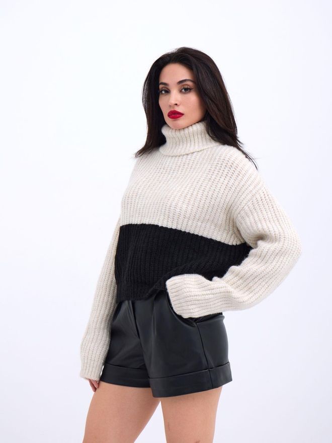 Fame Рибарски Пуловер С Плетиво Кремаво И Черно Дрехи на едро Небрежен