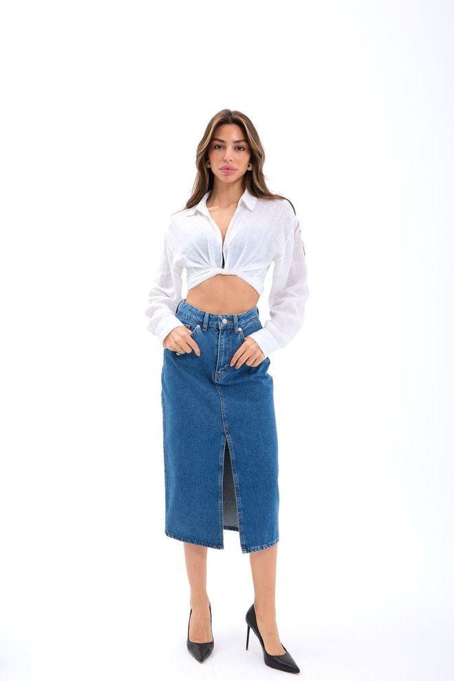 Fame Denim Midi Slit Skirt Dark Blue Wholesale Clothing Casual