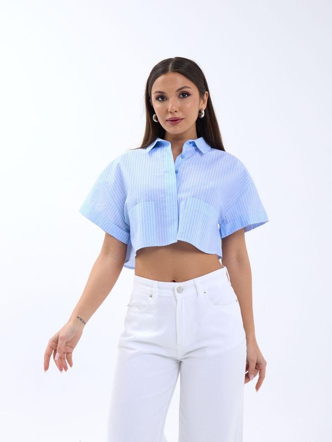 Fame Camicia corta a righe Blu Abbigliamento all'ingrosso Casuale