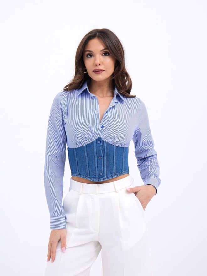 Fame Overhemd Blauw En Wit Gestreept Groothandel Kleding Casual