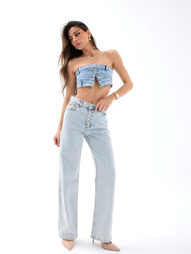 Fame Button Detailed Wide Leg Jeans Light Blue Wholesale Clothing Casual