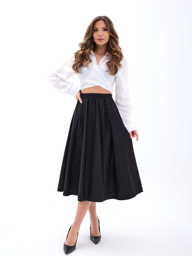 Fame Black Elegant Casual Midi Flared High Waist Skirt Wholesale Clothing Casual