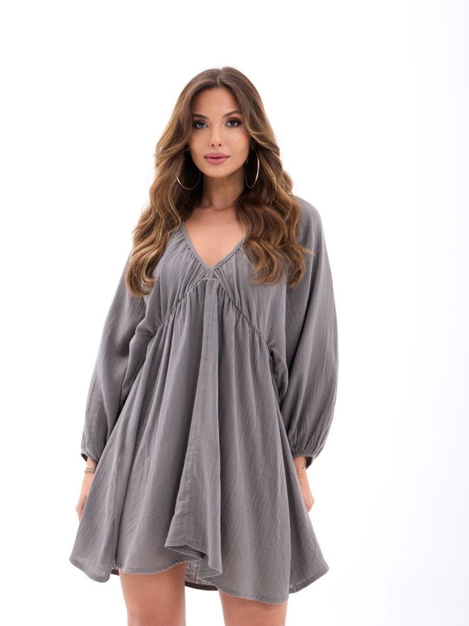 Fame Graues Babydoll Mini Kleid Mit Langen V Ausschnitt Ärmeln Großhandelskleidung Modest