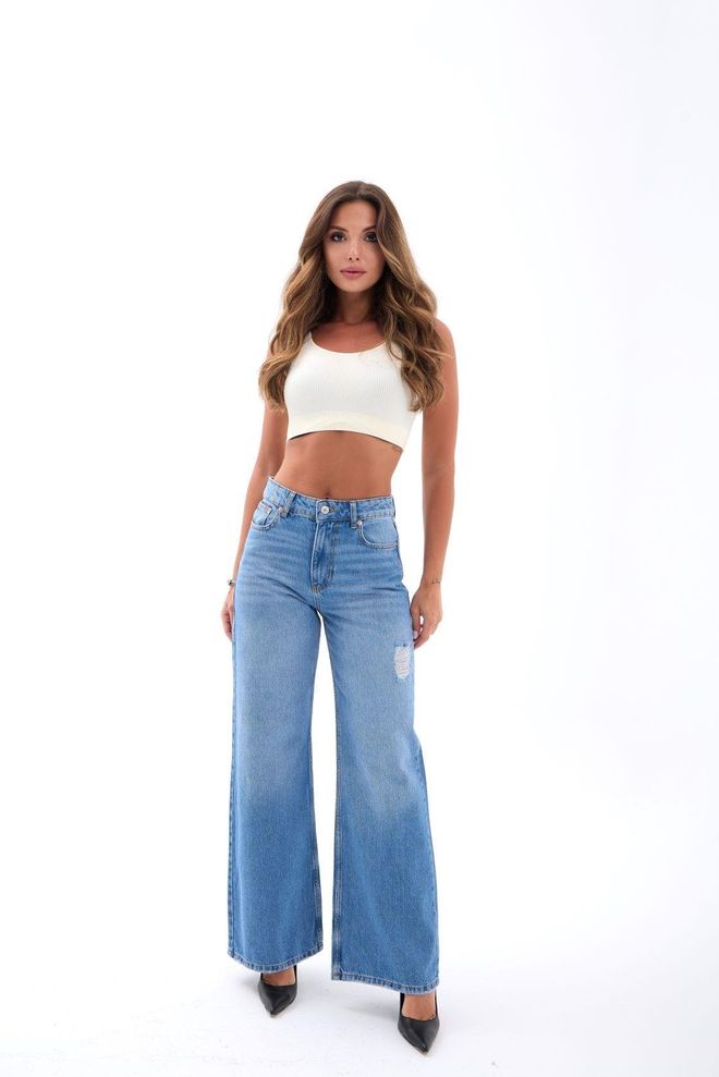 Fame Blue Mom Jeans With High Waist & Wide Leg Wholesale Clothing Casual